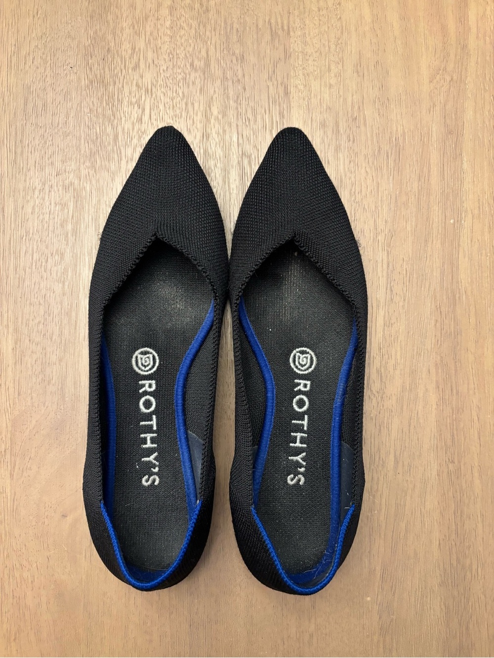 Rothy's Black Pointed Knit Flats with Blue Trim